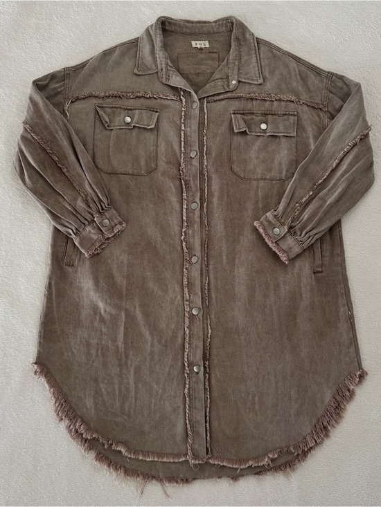 POL Jackets & Blazers - POL Light Brown 100% Cotton Longline Shacket Raw Edge Relaxed Fit Size Medium